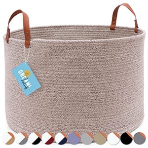 organihaus brown large storage baskets for organzing 20x13 | large woven laundry basket | blanket basket for living room | round basket for shoes | cotton rope basket for entryway w/leather handles