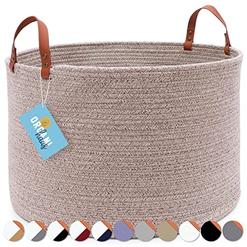 OrganiHaus Brown Large Storage Baskets for Organzing 20x13 | Large Woven Laundry Basket | Blanket Basket for Living Room | Round Basket for Shoes | Cotton Rope Basket for Entryway w/Leather Handles