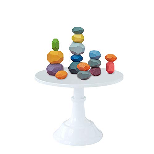 TACY Wooden Stacking Stones Games Rainbow Wood Rocks Toy Balancing Blocks Set Early Education Building Creative Colored Wooden Stones Stacking Toys (16Pcs)