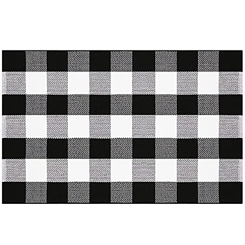 Buffalo Plaid Rug 28 x 43 Inch for Layered Hello Door Mats Washable Black and White Checked Indoor or Outdoor Rugs Carpet for Front Door Entryway