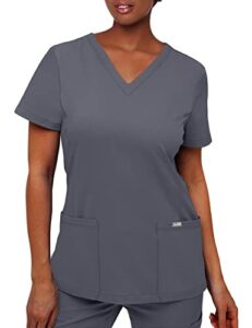 soulful scrubs for women 2 pocket, women scrubs top v-neck regular fit - stylish medical scrub tops for woman 3002 chloe- large pewter