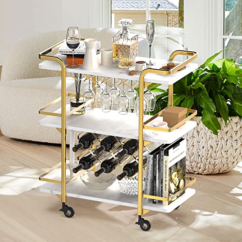 Jubao Gold Bar Cart with 3 Tiers for Stylish Storage, Home Bar Serving Cart with 4 Rows of Glass Holders & 8 Wine Racks, Modern Marbled Solid Wood Cart on Lockable Wheels, Coffee Bar Cart for Kitchen