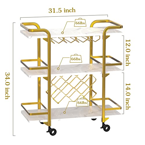 Jubao Gold Bar Cart with 3 Tiers for Stylish Storage, Home Bar Serving Cart with 4 Rows of Glass Holders & 8 Wine Racks, Modern Marbled Solid Wood Cart on Lockable Wheels, Coffee Bar Cart for Kitchen