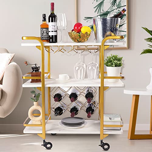 Jubao Gold Bar Cart with 3 Tiers for Stylish Storage, Home Bar Serving Cart with 4 Rows of Glass Holders & 8 Wine Racks, Modern Marbled Solid Wood Cart on Lockable Wheels, Coffee Bar Cart for Kitchen