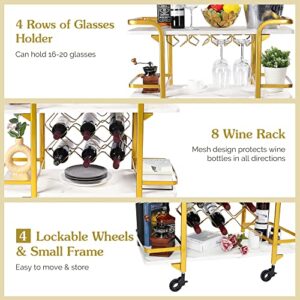 Jubao Gold Bar Cart with 3 Tiers for Stylish Storage, Home Bar Serving Cart with 4 Rows of Glass Holders & 8 Wine Racks, Modern Marbled Solid Wood Cart on Lockable Wheels, Coffee Bar Cart for Kitchen