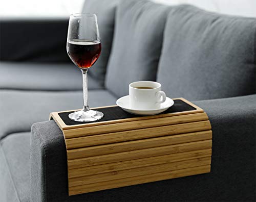 Sofa Arm Tray Table Slinky Secure/Flexible/Foldable Couch Tray Table with Non-Slip Mat for Drinks, Food, Phone or Remote. Sustainable Slinky Bamboo Design (16.5"L x 13.25"W x 0.4"H, Natural Bamboo)