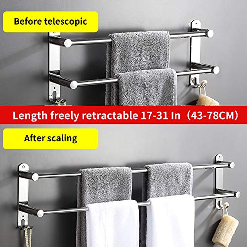 Towel Bars Freely Retractable 20-30 Inche Stainless Steel 304 Bath Towel Rack Strong 3M Adhesive Bathroom Wall-mounting Free mounting Hole-Installing washroom Kitchen Space Saving (2 Bars)