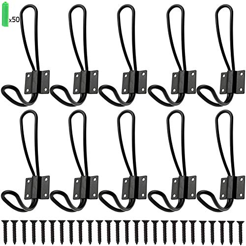 Rustic Wall Hooks,Farmhouse Entryway Hooks 10 Pack Decorative Vintage Hangers Wall Mounted Hard Antique Industrial Heavy Duty Hook Set ,Double Utility Hook Best for Clothes Hanger (Black)