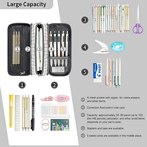 Vnieetsr Large Pencil Case Big Capacity Pencil Bag Large Storage Pouch 3 Compartments Desk Organizer Marker Pen Case Simple Stationery Bag Pencil Holder (Plaid White)