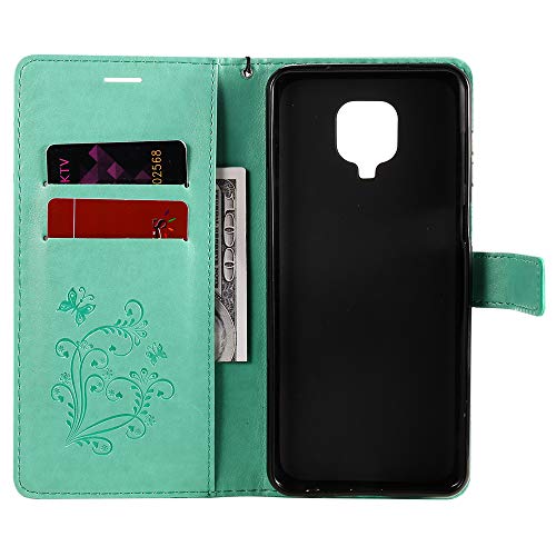 LEMAXELERS Redmi Note 9S Case PU Leather Case Wallet Flip Butterfly Embossed Case with Card Holder Shockproof Protective Cover for Xiaomi Redmi Note 9 Pro/Note 9 Pro Max Big Butterfly Green KT