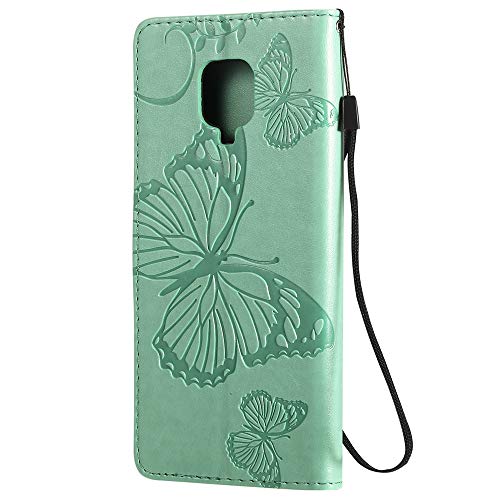 LEMAXELERS Redmi Note 9S Case PU Leather Case Wallet Flip Butterfly Embossed Case with Card Holder Shockproof Protective Cover for Xiaomi Redmi Note 9 Pro/Note 9 Pro Max Big Butterfly Green KT