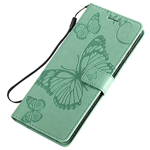 LEMAXELERS Redmi Note 9S Case PU Leather Case Wallet Flip Butterfly Embossed Case with Card Holder Shockproof Protective Cover for Xiaomi Redmi Note 9 Pro/Note 9 Pro Max Big Butterfly Green KT