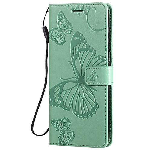 LEMAXELERS Redmi Note 9S Case PU Leather Case Wallet Flip Butterfly Embossed Case with Card Holder Shockproof Protective Cover for Xiaomi Redmi Note 9 Pro/Note 9 Pro Max Big Butterfly Green KT