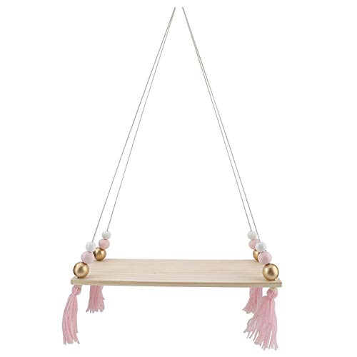 Mumusuki Wall Hanging Shelf with Round Beads Decorative Hanging Swing Rope Floating Shelves Storage Rack DIY Home Wall Hanging Decor(Pink + Gold)