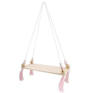 Mumusuki Wall Hanging Shelf with Round Beads Decorative Hanging Swing Rope Floating Shelves Storage Rack DIY Home Wall Hanging Decor(Pink + Gold)