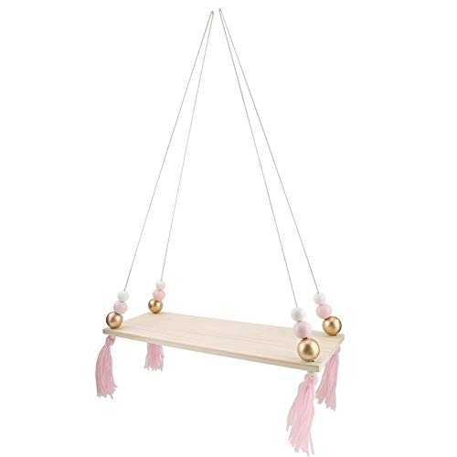 Mumusuki Wall Hanging Shelf with Round Beads Decorative Hanging Swing Rope Floating Shelves Storage Rack DIY Home Wall Hanging Decor(Pink + Gold)