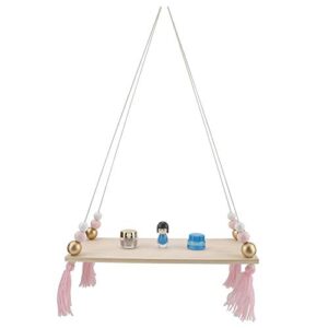 Mumusuki Wall Hanging Shelf with Round Beads Decorative Hanging Swing Rope Floating Shelves Storage Rack DIY Home Wall Hanging Decor(Pink + Gold)