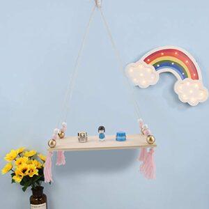 Mumusuki Wall Hanging Shelf with Round Beads Decorative Hanging Swing Rope Floating Shelves Storage Rack DIY Home Wall Hanging Decor(Pink + Gold)