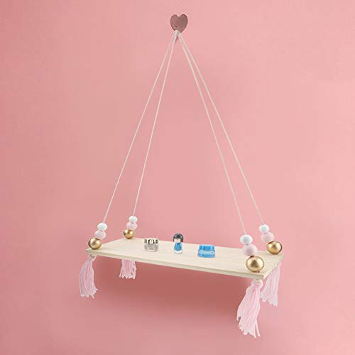 Mumusuki Wall Hanging Shelf with Round Beads Decorative Hanging Swing Rope Floating Shelves Storage Rack DIY Home Wall Hanging Decor(Pink + Gold)