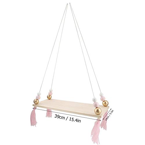 Mumusuki Wall Hanging Shelf with Round Beads Decorative Hanging Swing Rope Floating Shelves Storage Rack DIY Home Wall Hanging Decor(Pink + Gold)