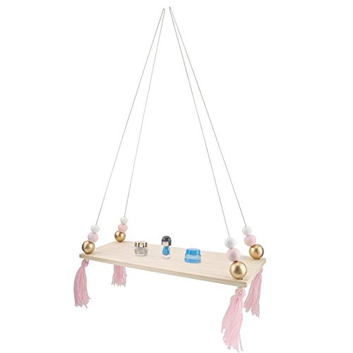 Mumusuki Wall Hanging Shelf with Round Beads Decorative Hanging Swing Rope Floating Shelves Storage Rack DIY Home Wall Hanging Decor(Pink + Gold)