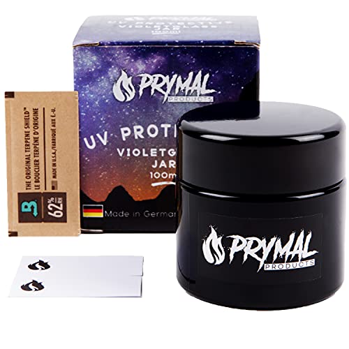 Prymal Products UV Glass Herb Jar (100ml) with Humidity Pack and Label Stickers, Keeps Goods Fresh - Quarter Oz Airtight Container