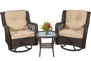 go light 3-piece patio wicker bistro set of 2 and side table outdoor swivel chairs,rattan rocker conversation set,2 rocking & swivel chairs brown rattan furniture set w/khaki cushions