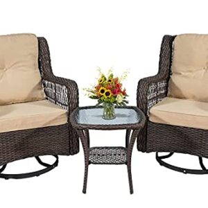 Go Light 3-Piece Patio Wicker Bistro Set of 2 and Side Table Outdoor Swivel Chairs,Rattan Rocker Conversation Set,2 Rocking & Swivel Chairs Brown Rattan Furniture Set w/Khaki Cushions