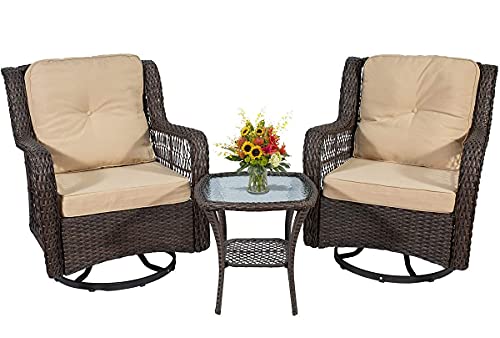 Go Light 3-Piece Patio Wicker Bistro Set of 2 and Side Table Outdoor Swivel Chairs,Rattan Rocker Conversation Set,2 Rocking & Swivel Chairs Brown Rattan Furniture Set w/Khaki Cushions