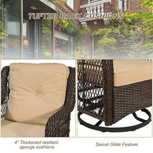 Go Light 3-Piece Patio Wicker Bistro Set of 2 and Side Table Outdoor Swivel Chairs,Rattan Rocker Conversation Set,2 Rocking & Swivel Chairs Brown Rattan Furniture Set w/Khaki Cushions