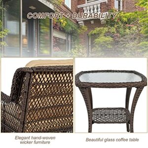 Go Light 3-Piece Patio Wicker Bistro Set of 2 and Side Table Outdoor Swivel Chairs,Rattan Rocker Conversation Set,2 Rocking & Swivel Chairs Brown Rattan Furniture Set w/Khaki Cushions