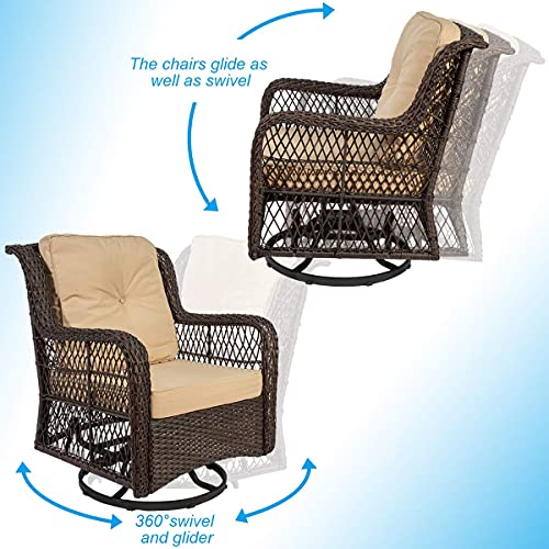 Go Light 3-Piece Patio Wicker Bistro Set of 2 and Side Table Outdoor Swivel Chairs,Rattan Rocker Conversation Set,2 Rocking & Swivel Chairs Brown Rattan Furniture Set w/Khaki Cushions