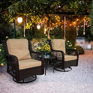 Go Light 3-Piece Patio Wicker Bistro Set of 2 and Side Table Outdoor Swivel Chairs,Rattan Rocker Conversation Set,2 Rocking & Swivel Chairs Brown Rattan Furniture Set w/Khaki Cushions