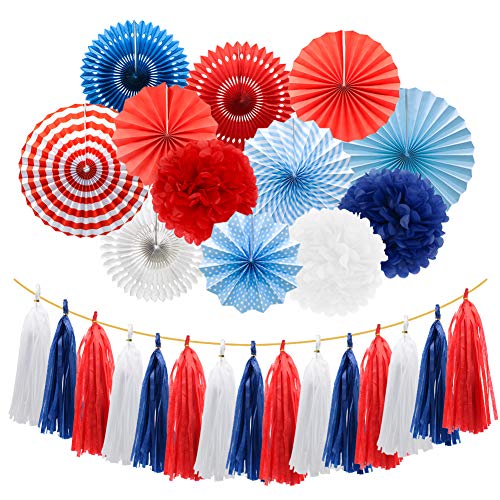 Meiduo Navy Blue Red White Party Decorations Hanging Paper Fans Pom Poms Flowers Tissue Tassel Garland for 4th of July Day Patriotic Decoration Graduation Birthday Supplies