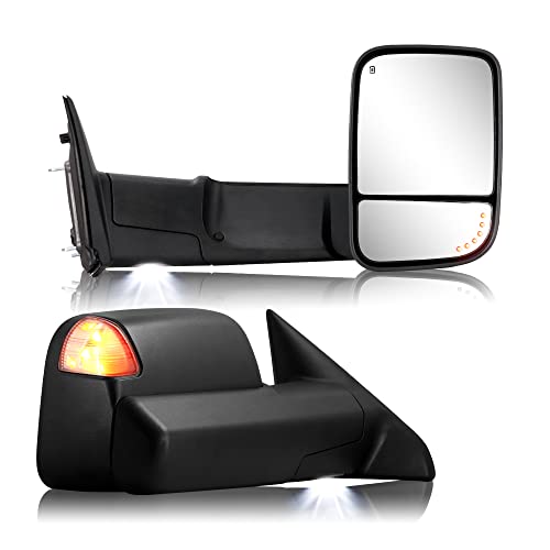 Towing Mirror for Dodge Ram - Replacement fit for 2009-2018 Dodge Ram 1500 2500 3500 Pickup Truck with Power Adjusted Glass Heated LED Turn Signal Light Puddle Lamp Temp Sensor Flip Up Pair Set