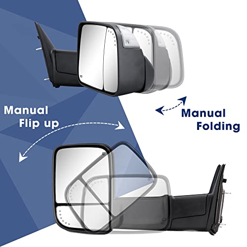 Towing Mirror for Dodge Ram - Replacement fit for 2009-2018 Dodge Ram 1500 2500 3500 Pickup Truck with Power Adjusted Glass Heated LED Turn Signal Light Puddle Lamp Temp Sensor Flip Up Pair Set