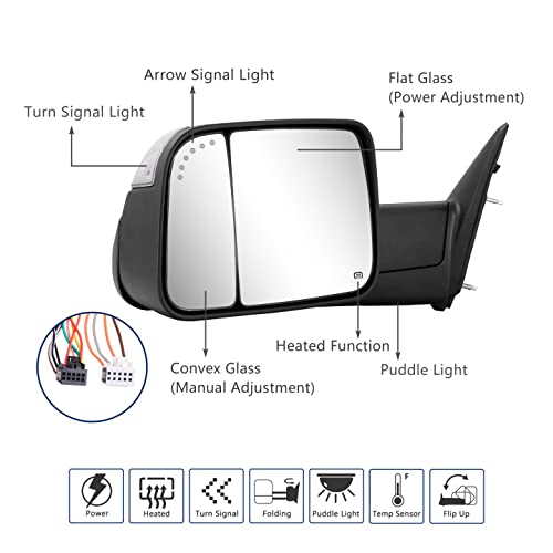 Towing Mirror for Dodge Ram - Replacement fit for 2009-2018 Dodge Ram 1500 2500 3500 Pickup Truck with Power Adjusted Glass Heated LED Turn Signal Light Puddle Lamp Temp Sensor Flip Up Pair Set