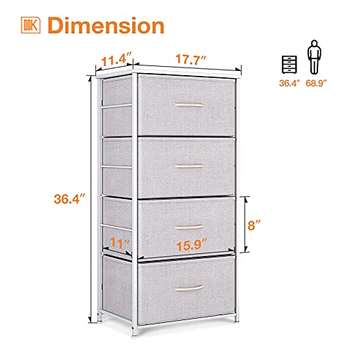 ODK Dresser with 4 Drawers Tall Fabric Storage Tower Organizer Unit for Bedroom Chest for Hallway Closet Easy Assembly Steel Frame and Wood Top, Light Grey
