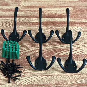 Three Prongs Coat Hooks Wall Mounted Robe Hook with Screws, Retro Double Utility Rustic Coat Hooks for Bath Kitchen Garage,Thick Coat, Big Heavy Bags Scarf, Bag,, Key, Cap, Cup, Hat(5 Pack)