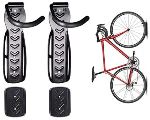 dirza bike wall mount rack with tire tray - vertical bike storage rack for indoor,garage,shed - easy to install - great for hanging road,mountain or hybrid bikes - screws included - 2 pack