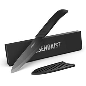 sendaist pro series ceramic knife , ultra sharp 6-inch ceramic chef's knife with sheath cover, black blade, and soft touch ergonomic black handle (in gift box)