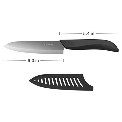 Sendaist Pro Series Ceramic knife , Ultra Sharp 6-inch Ceramic Chef's knife with Sheath Cover, Black Blade, and Soft Touch Ergonomic Black Handle (In Gift Box)