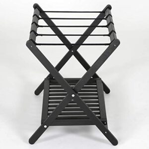 M&T Displays Beech Wood Folding Luggage Rack Travel Suitcase with Woolen Strips and Shelf for Home Hotel Gym Spa Guest Room 200 lbs Carriage Capacity Black 18x30 Inches