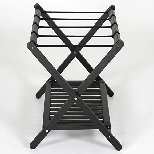 M&T Displays Beech Wood Folding Luggage Rack Travel Suitcase with Woolen Strips and Shelf for Home Hotel Gym Spa Guest Room 200 lbs Carriage Capacity Black 18x30 Inches