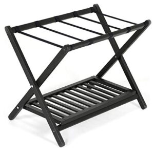 m&t displays beech wood folding luggage rack travel suitcase with woolen strips and shelf for home hotel gym spa guest room 200 lbs carriage capacity black 18x30 inches