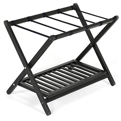 M&T Displays Beech Wood Folding Luggage Rack Travel Suitcase with Woolen Strips and Shelf for Home Hotel Gym Spa Guest Room 200 lbs Carriage Capacity Black 18x30 Inches