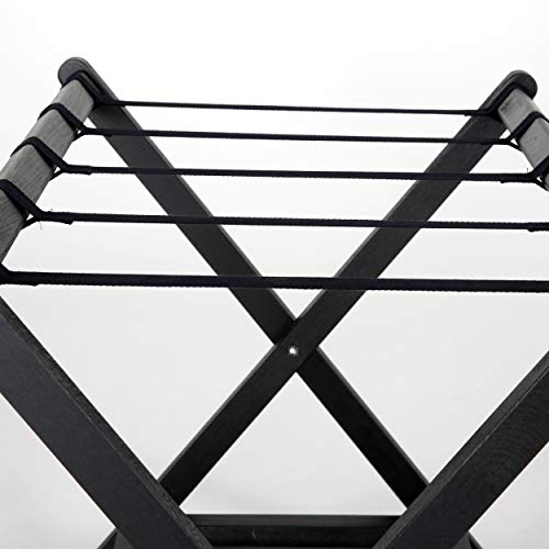 M&T Displays Beech Wood Folding Luggage Rack Travel Suitcase with Woolen Strips and Shelf for Home Hotel Gym Spa Guest Room 200 lbs Carriage Capacity Black 18x30 Inches