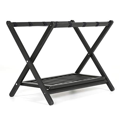 M&T Displays Beech Wood Folding Luggage Rack Travel Suitcase with Woolen Strips and Shelf for Home Hotel Gym Spa Guest Room 200 lbs Carriage Capacity Black 18x30 Inches