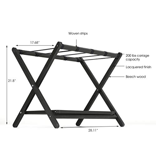 M&T Displays Beech Wood Folding Luggage Rack Travel Suitcase with Woolen Strips and Shelf for Home Hotel Gym Spa Guest Room 200 lbs Carriage Capacity Black 18x30 Inches