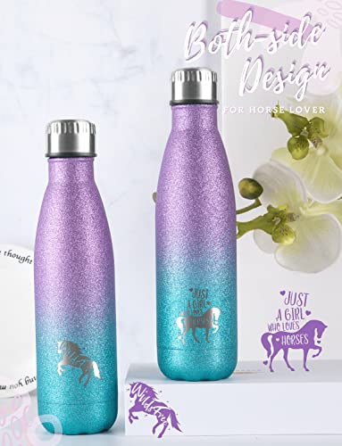 Onebttl Horse Bottle for Girls, Women, Insulated Stainless Steel Water Bottle, for Equestrian, Horse Lovers, Cowgirls, Perfect for Birthday, Back to School, Violet-Blue Gradient Glitter